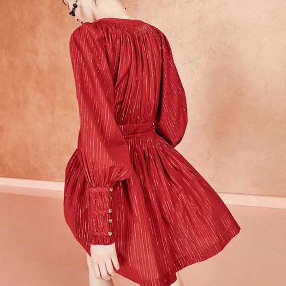 ULLA JOHNSON Rory Mini Dress - Long Sleeve Shimmer Striped in Red - Size 0 NWT - Picture 13 of 16